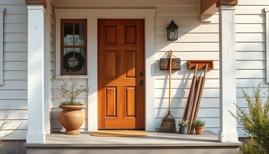 Refreshing rustic front porch with a wooden door and potted plant.