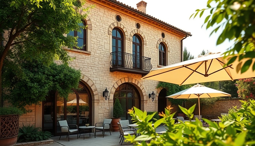 Elegant stone villa facade with patio seating and umbrellas
