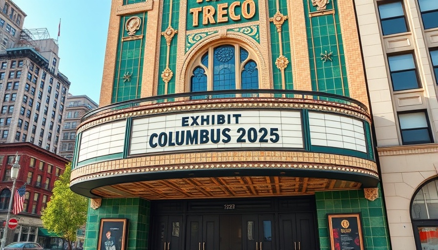 Art deco theater facade with 'Exhibit Columbus 2025' sign.