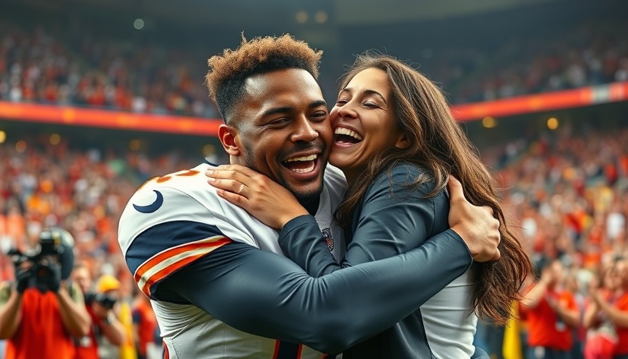 Football player celebrating with a woman in a stadium, vibrant scene.
