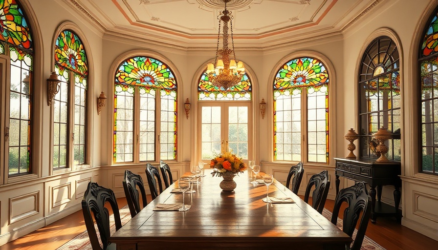 Stained glass windows in a stylish home dining room design.