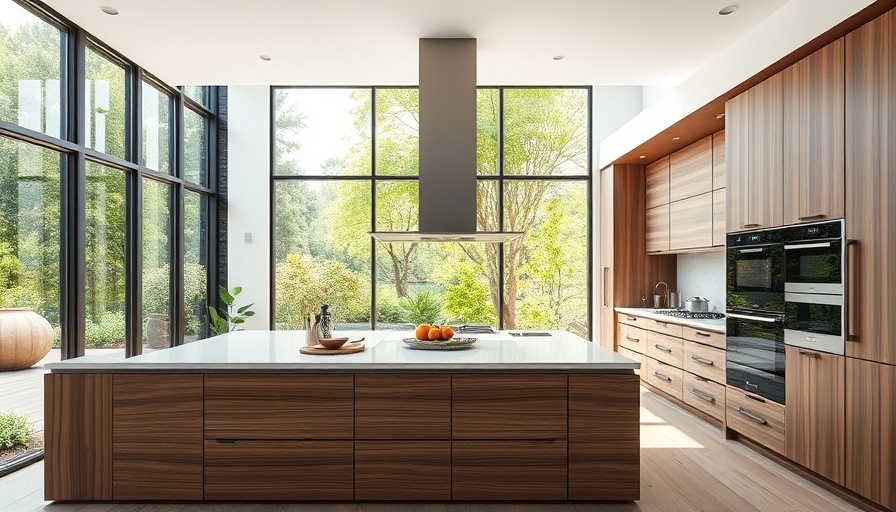 Modern minimalist kitchen design with sleek wood paneling by a garden window, Toowong Towers Architecture.