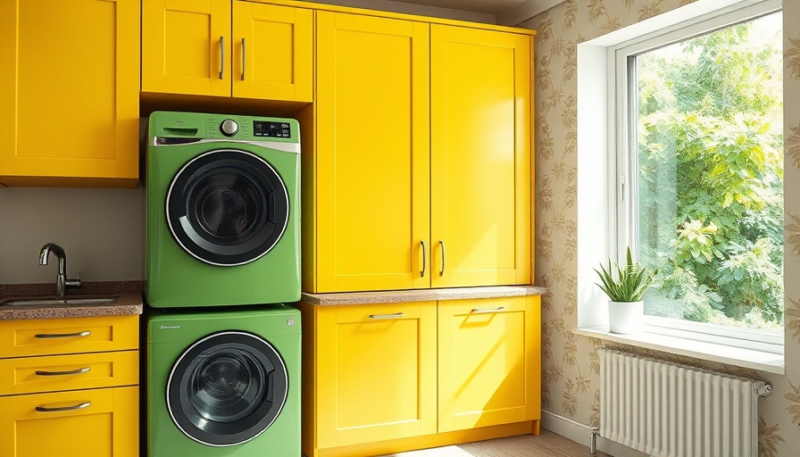 Stylish new laundry room with bright yellow cabinetry.