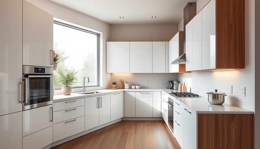 Modern kitchen with white and wood elements, bright natural light.