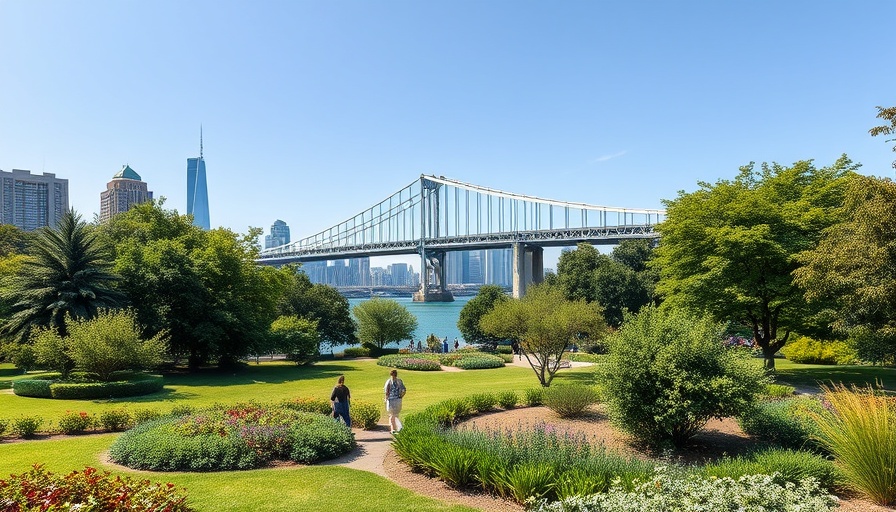 Modern urban park by river with bridge and skyline, Katrina Hurricane Legacy.