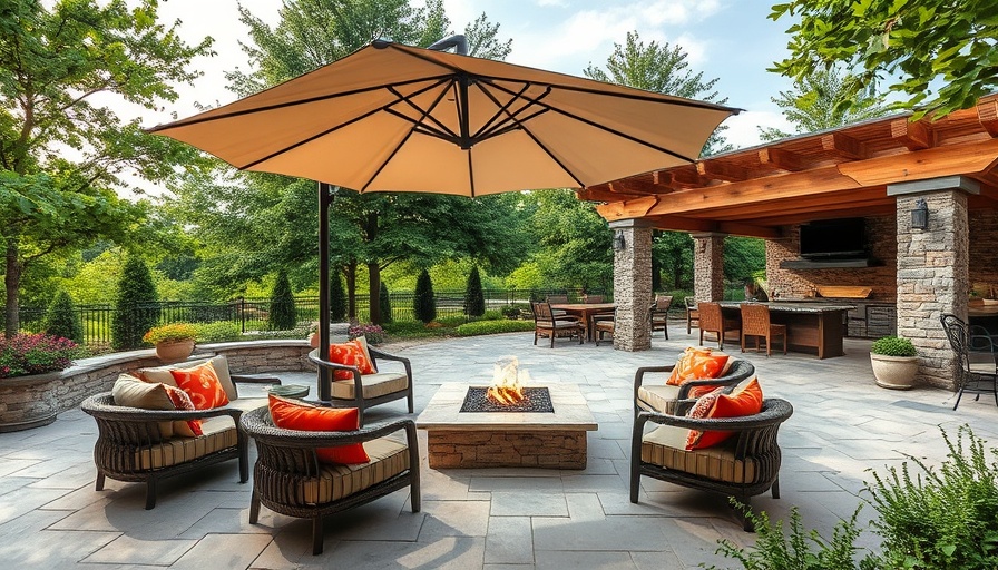 Charming patio with umbrella and seating for adding shade to your yard.