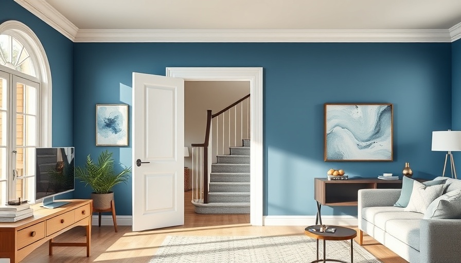 Modern interior with blue walls and staircase in home renovation.