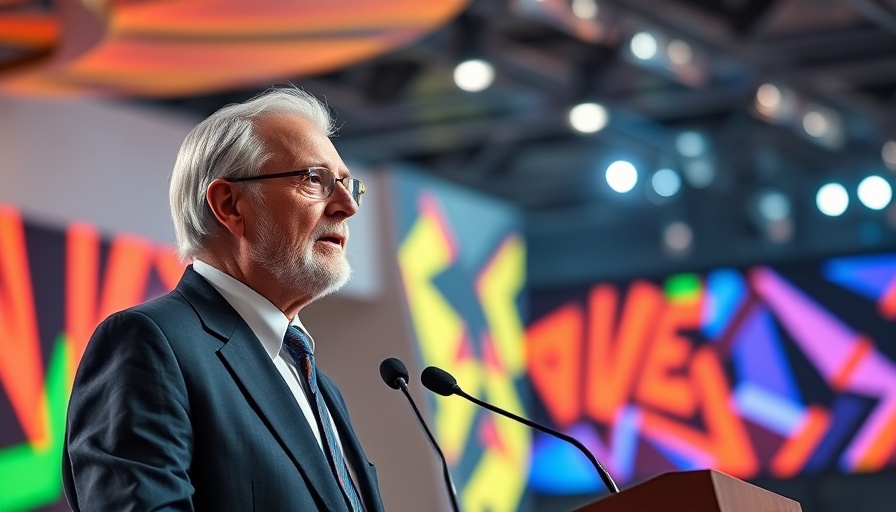 Elderly man delivering speech on modern stage regarding walkable cities.