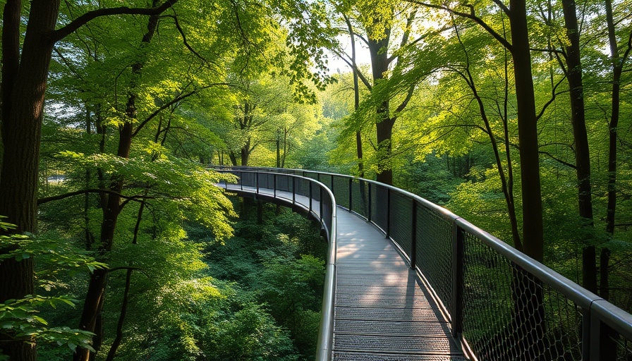 Serpentine walkway blending with forest, supernatural architecture design.