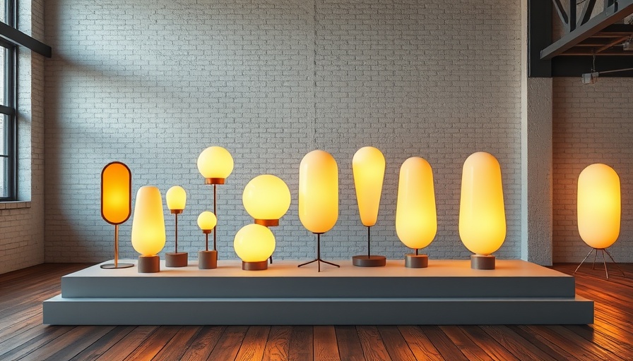 Modern oval lamps on white platform, warm glow, industrial setting.
