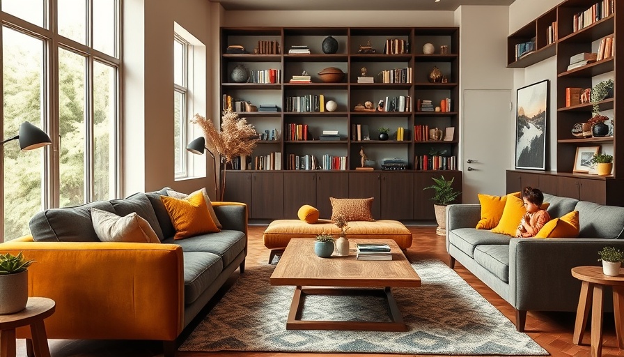 Colorful family room with navy and mustard couches, modern decor.