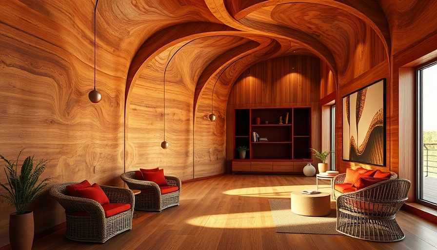 Modern design in Anduhyaun Emergency Shelter with wooden and red features.
