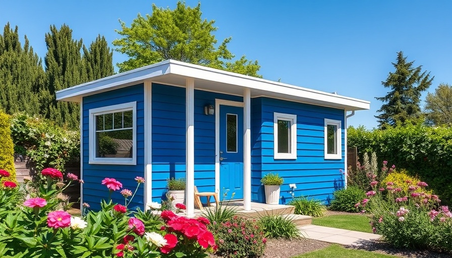 Modern ADU in Bay Area with blue facade in garden.