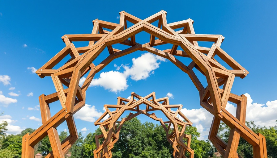 Intricate timber installation at BuildFest under a bright blue sky.