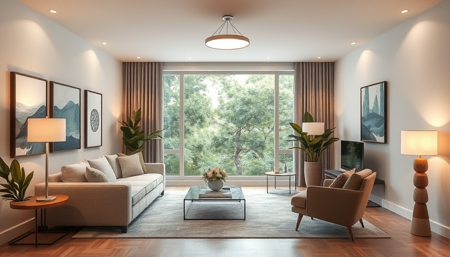 Modern living room with inclusive lighting scheme and neutral decor.