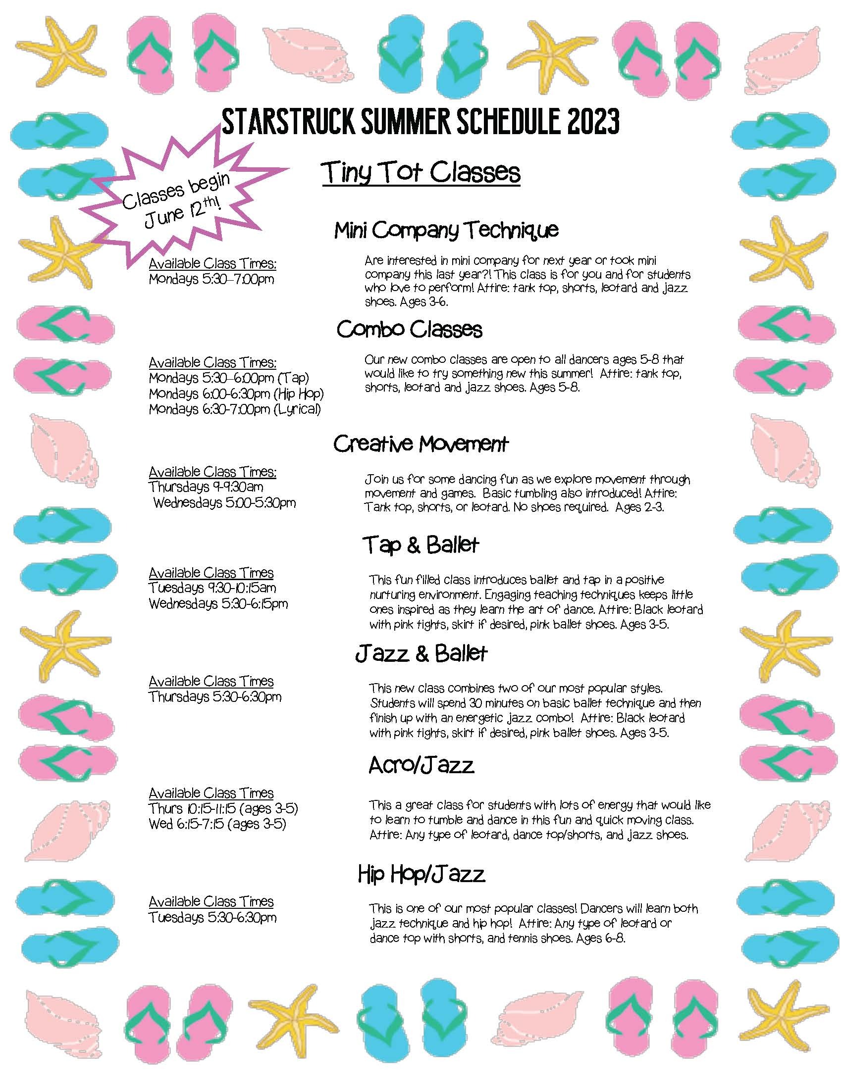 Starstruck Performing Arts Academy group Summer Schedule Info