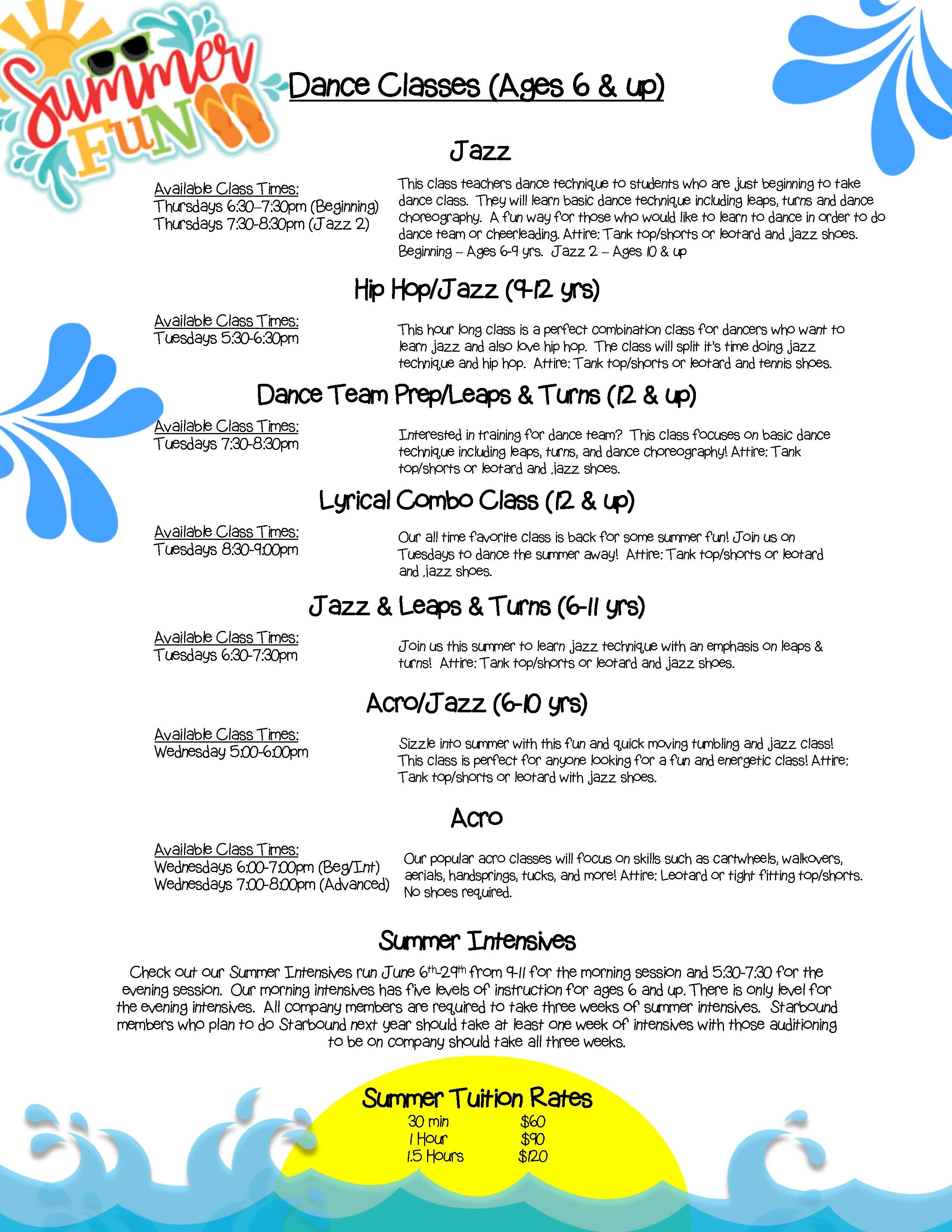 Starstruck Performing Arts Academy group Summer Schedule Info