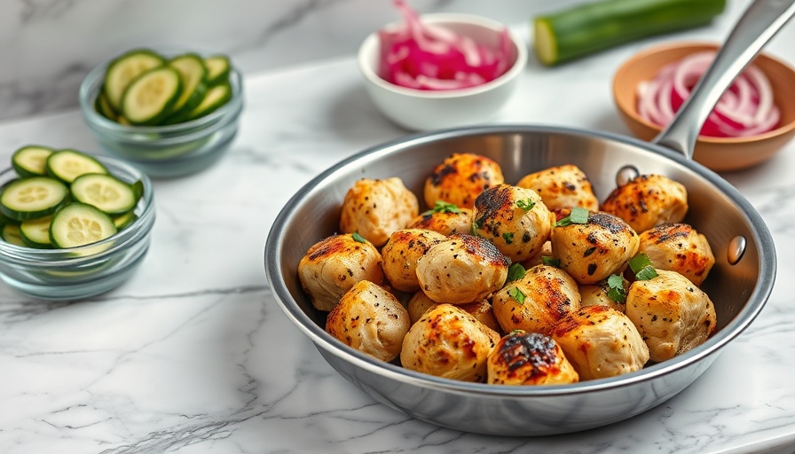 Delicious Greek chicken bites in a pan with fresh vegetables.
