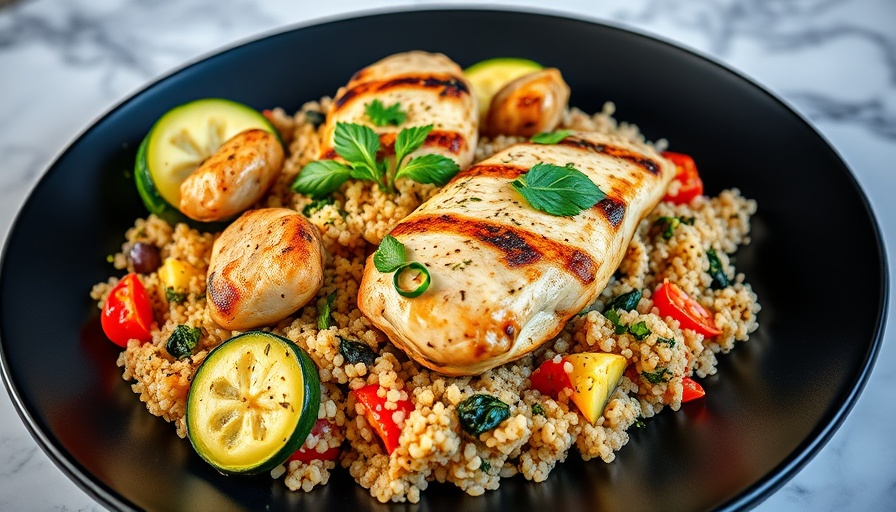 Italian Chicken and Vegetables dish on a black plate with quinoa.