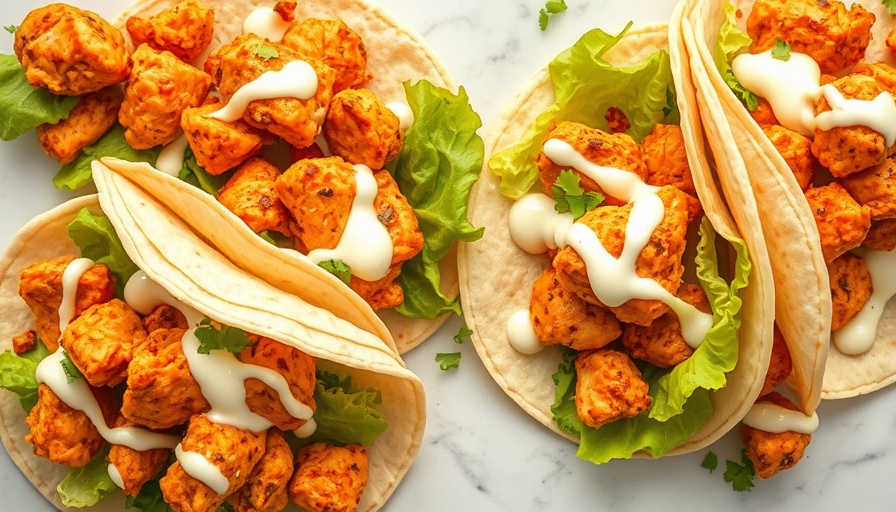 Easy Buffalo Chicken Tacos on a marble countertop with sauce and lettuce.