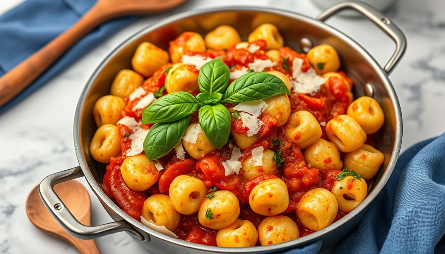 Gnocchi marinara recipe in a skillet with basil and Parmesan.