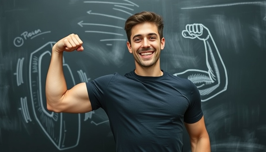 Man flexing muscles with chalkboard and cinnamon