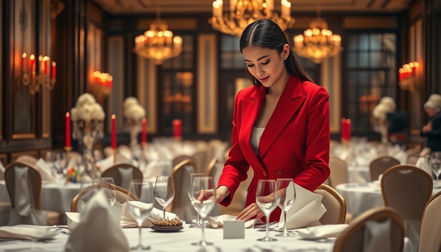 Elegant event planner in red suit setting up a banquet table, elevate your event with style and simplicity.