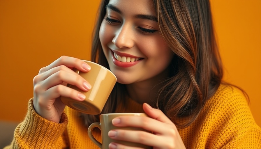 Woman savoring tea with a vibrant yellow background.
