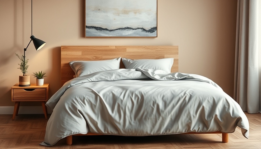 Calm bedroom setting with gray bedding and wooden decor.