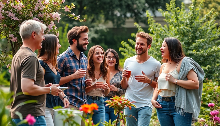 Friends gathering in a garden, socializing and enjoying leisure time.