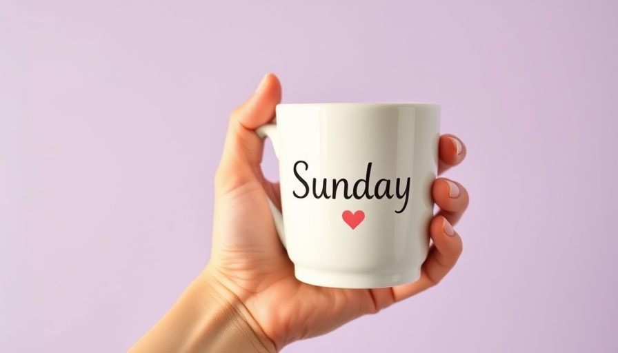 Hand with Sunday mug against purple wall to beat the Sunday scaries.