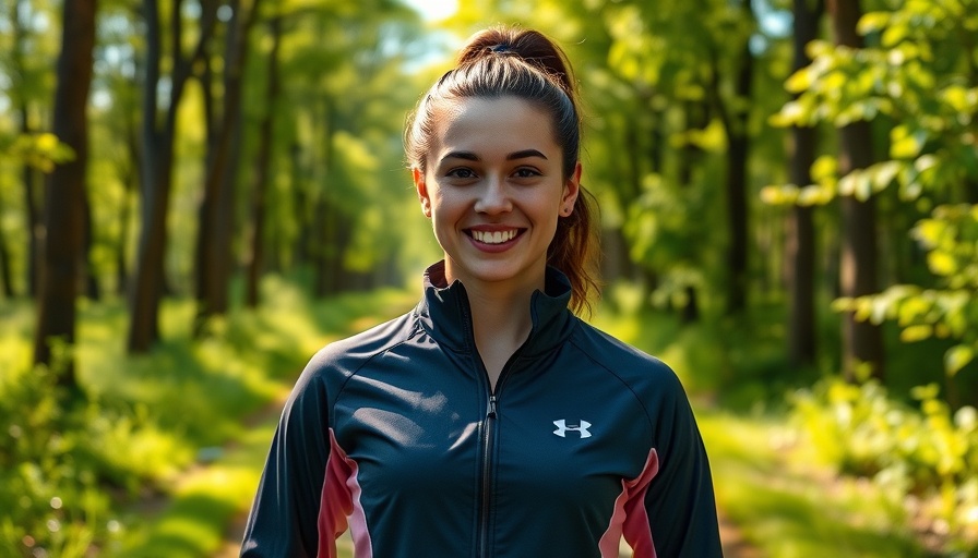 Briane Harris in sportswear on a forest trail.