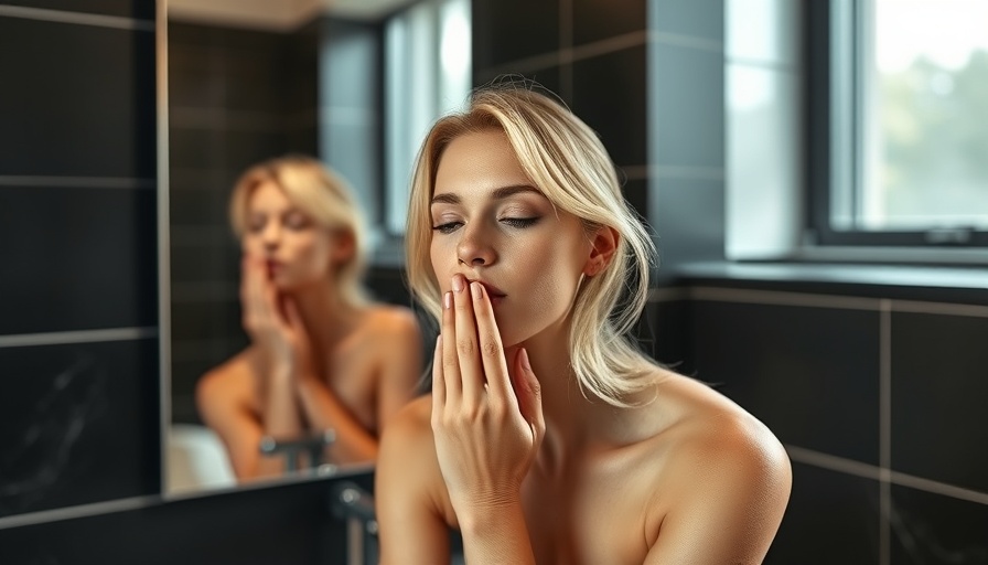 Woman touching her face in bathroom, considering chin depuffing straps effectiveness.