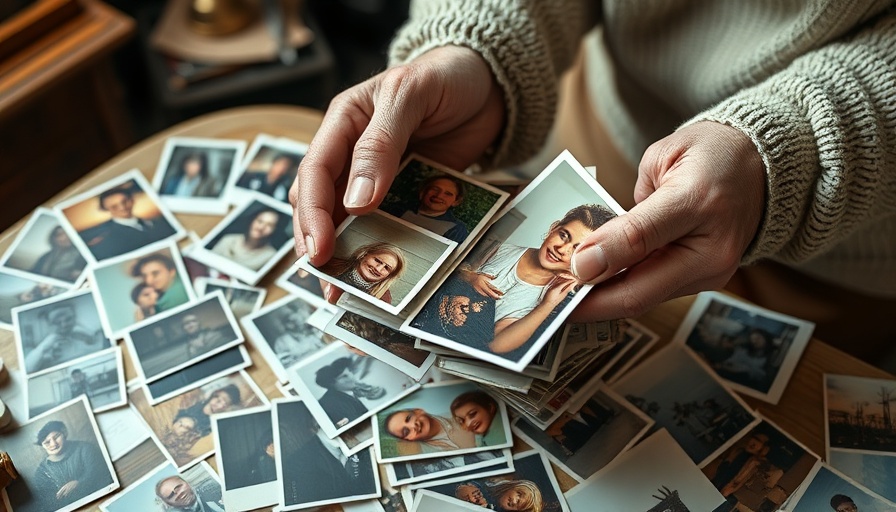Elderly hands organizing vintage photos, decluttering memories.