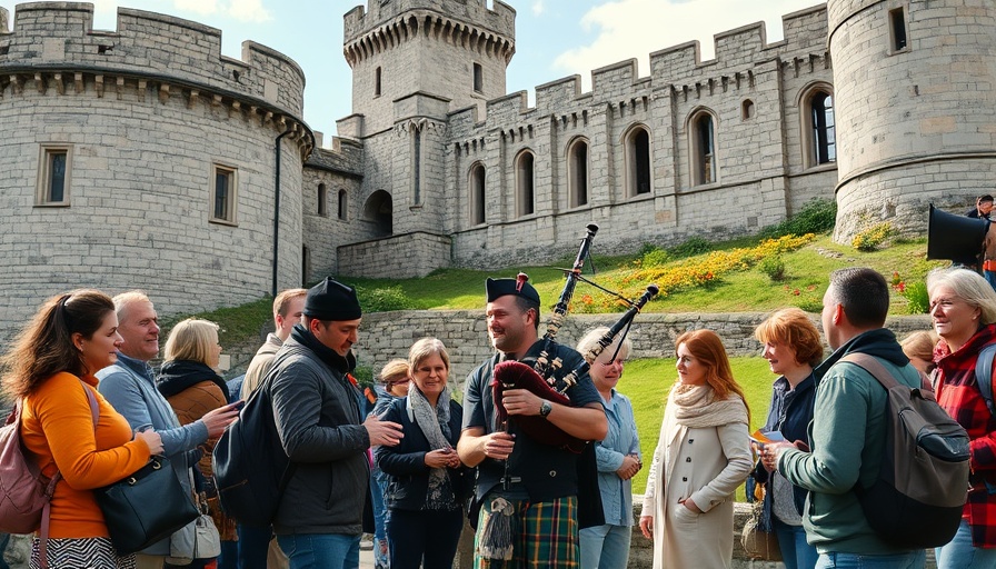 Tourists with bagpipe player by historic castle, vibrant scene.