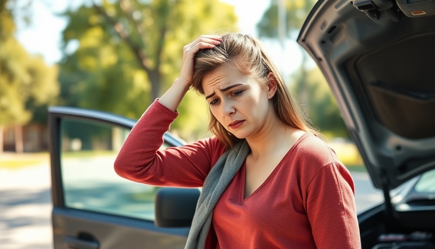 Distressed woman by car experiencing post-crash health symptoms.