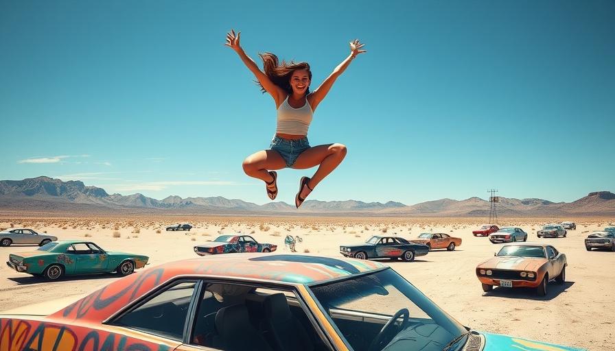 Travel Nevada Trailblazers Certification contest: woman leaping on car in desert.