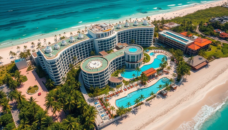 Aerial view of Secrets Playa Esmeralda resort with pools and beach.