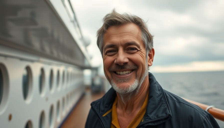 Middle-aged man smiling on a ship with a cruise ship in the background.
