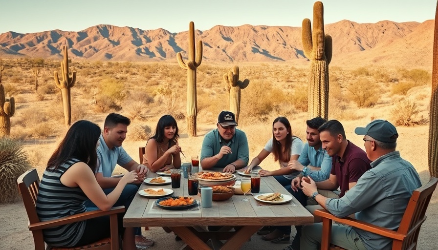 Casual outdoor dinner party with friends enjoying a meal in a desert setting.