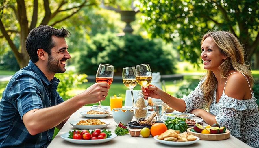 Joyful couple sharing a toast outdoors, enjoying a brunch without dating apps.