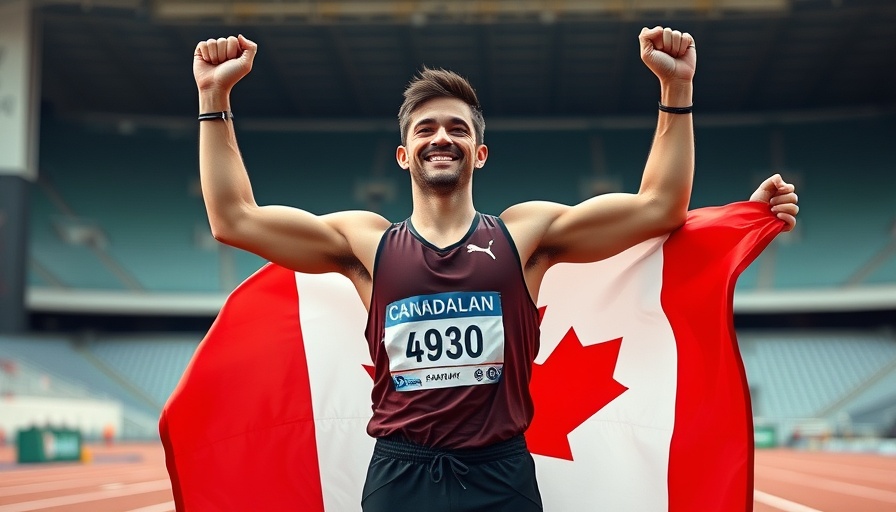 Triumphant athlete celebrates with Canadian flag after 800 metre gold win.