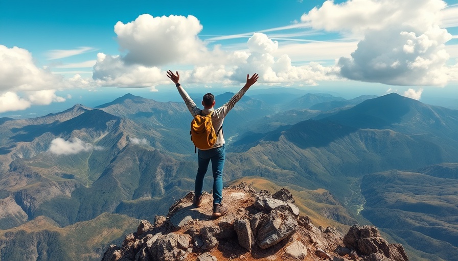 Triumphant hiker celebrates on mountain peak symbolizing Happy Healthy Successful Life Formula.