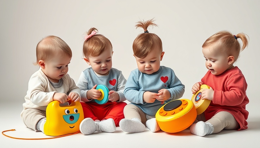 Three toddlers playing with musical toys promoting social development in children ages 1-3.