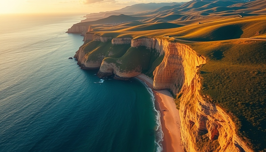 Aerial view of coastline at sunset capturing holiday calmness