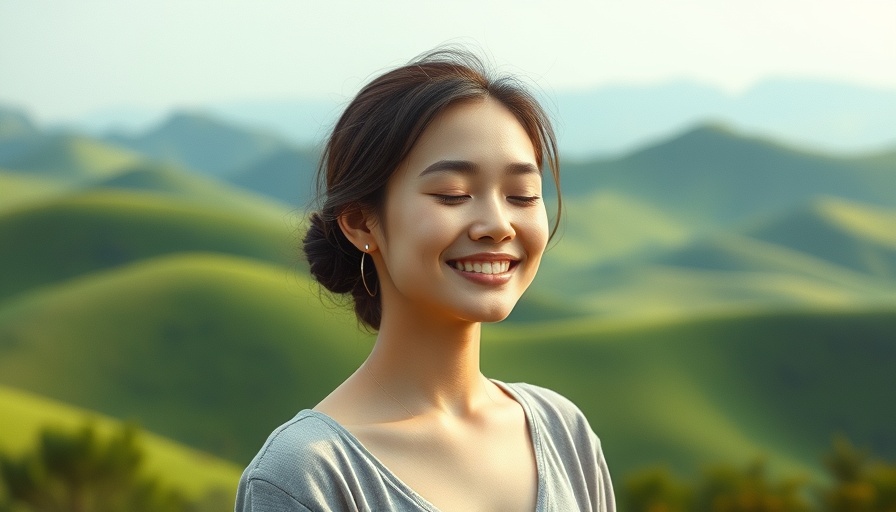 Neurodiversity-Informed Meditation ad featuring serene landscape and smiling woman.