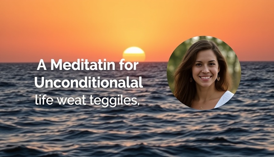 Serene sunset over ocean with meditation text overlay