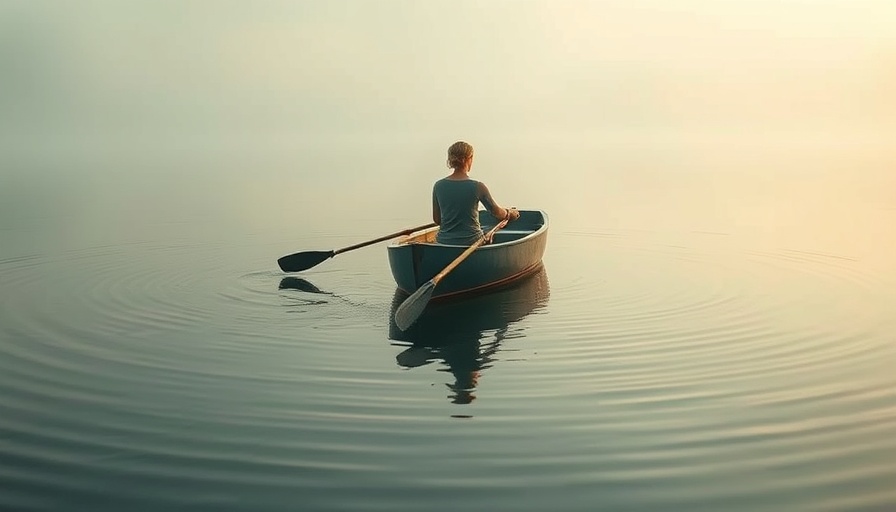 Mindfulness scene: Serene woman rowing on calm lake, how mindfulness helps families.