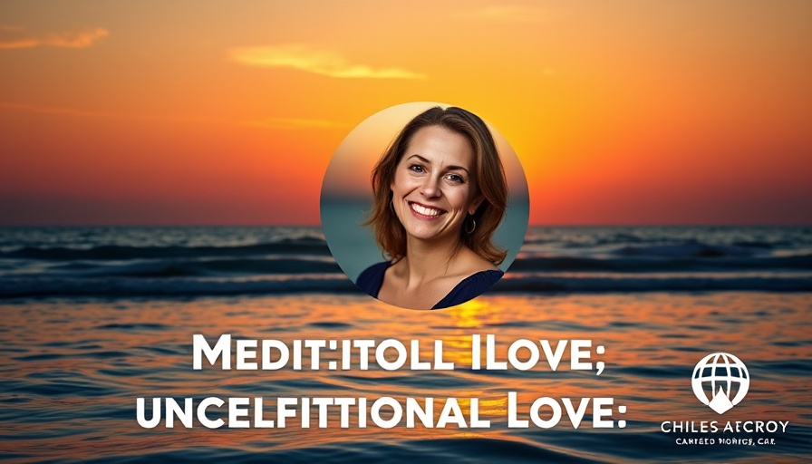 Meditation for Unconditional Love over serene ocean sunset background.