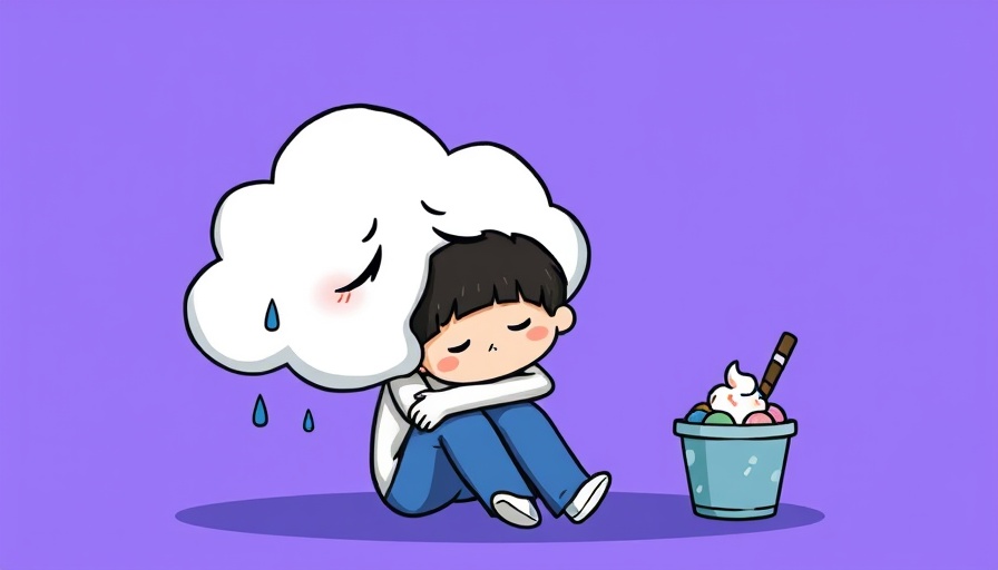Whimsical cartoon of a sad cloud hugging a person, illustrating emotions.